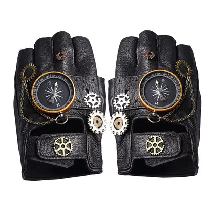 Steampunk Faux Leather Compass Gloves Gloves - The Burner Shop