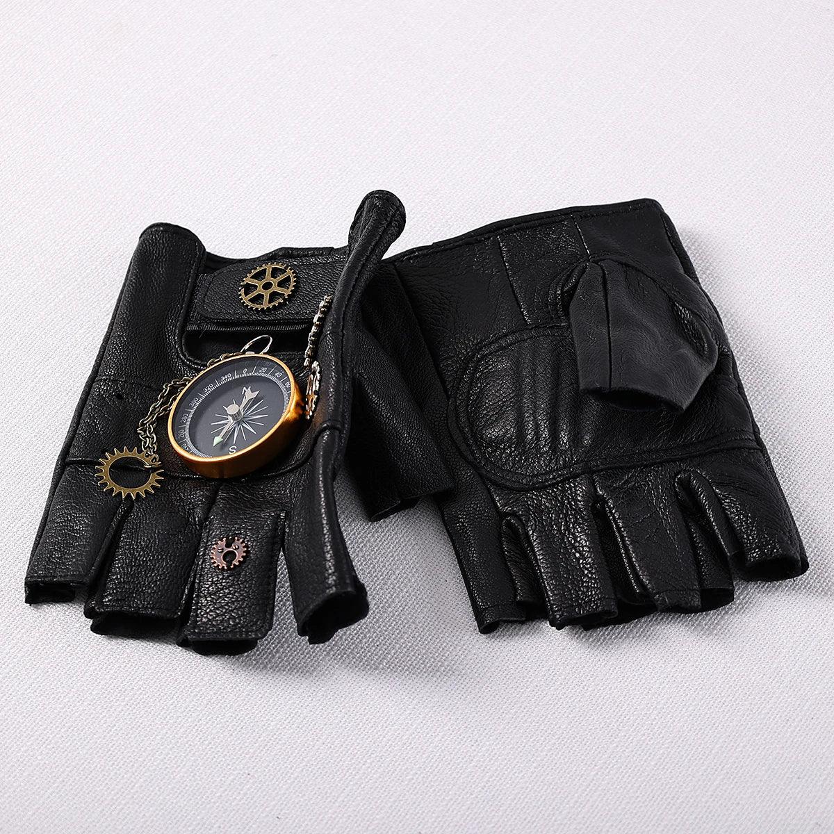 Steampunk Faux Leather Compass Gloves Gloves - The Burner Shop