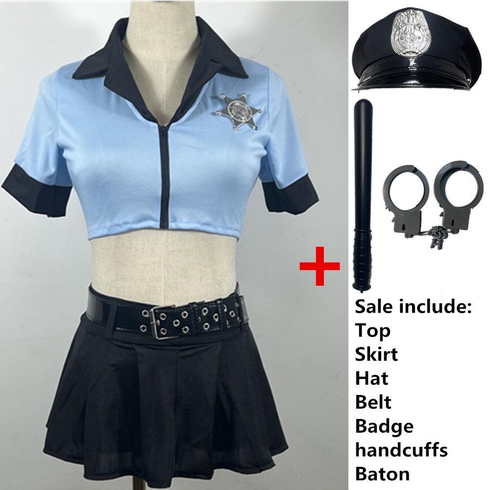 Blue Sexy Police Uniform 6Pcs Costumes - The Burner Shop