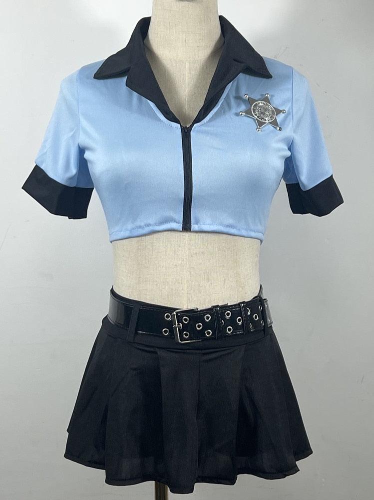 Blue Sexy Police Uniform 6Pcs Costumes - The Burner Shop