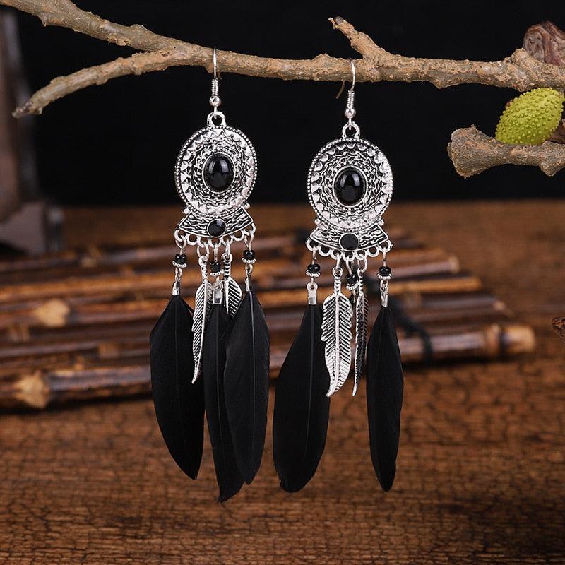 Bohemian Long Feather Dangle Earrings Earrings - The Burner Shop