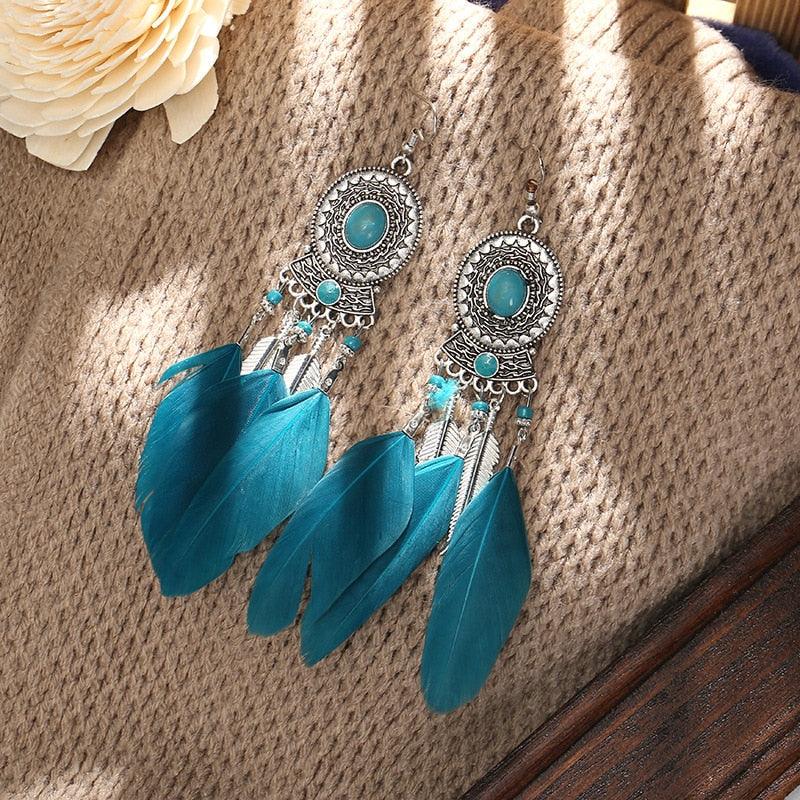 Bohemian Long Feather Dangle Earrings Earrings - The Burner Shop