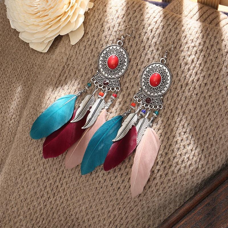 Bohemian Long Feather Dangle Earrings Earrings - The Burner Shop