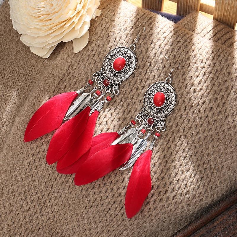 Bohemian Long Feather Dangle Earrings Earrings - The Burner Shop