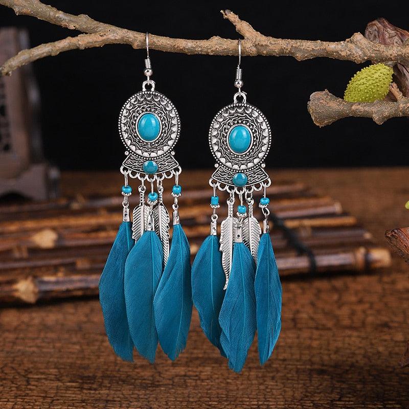 Bohemian Long Feather Dangle Earrings Earrings - The Burner Shop