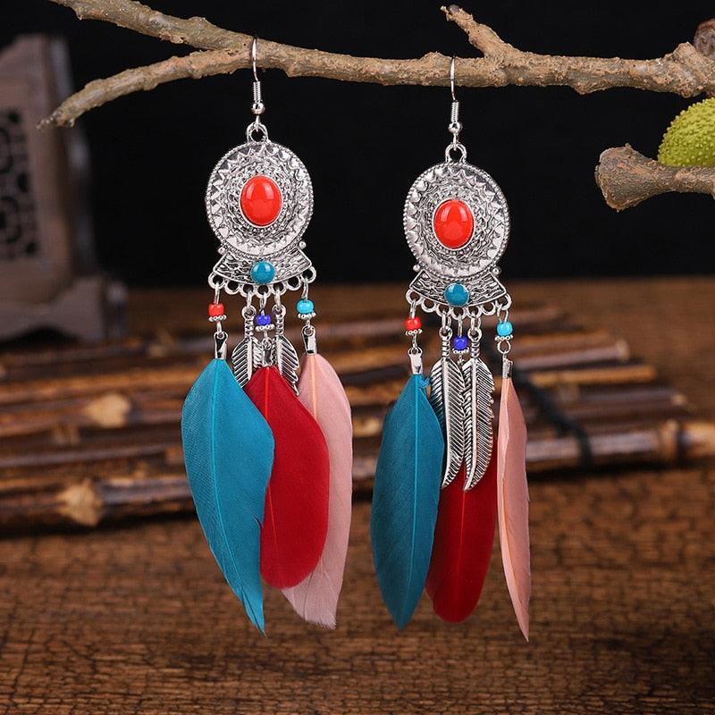 Bohemian Long Feather Dangle Earrings Earrings - The Burner Shop