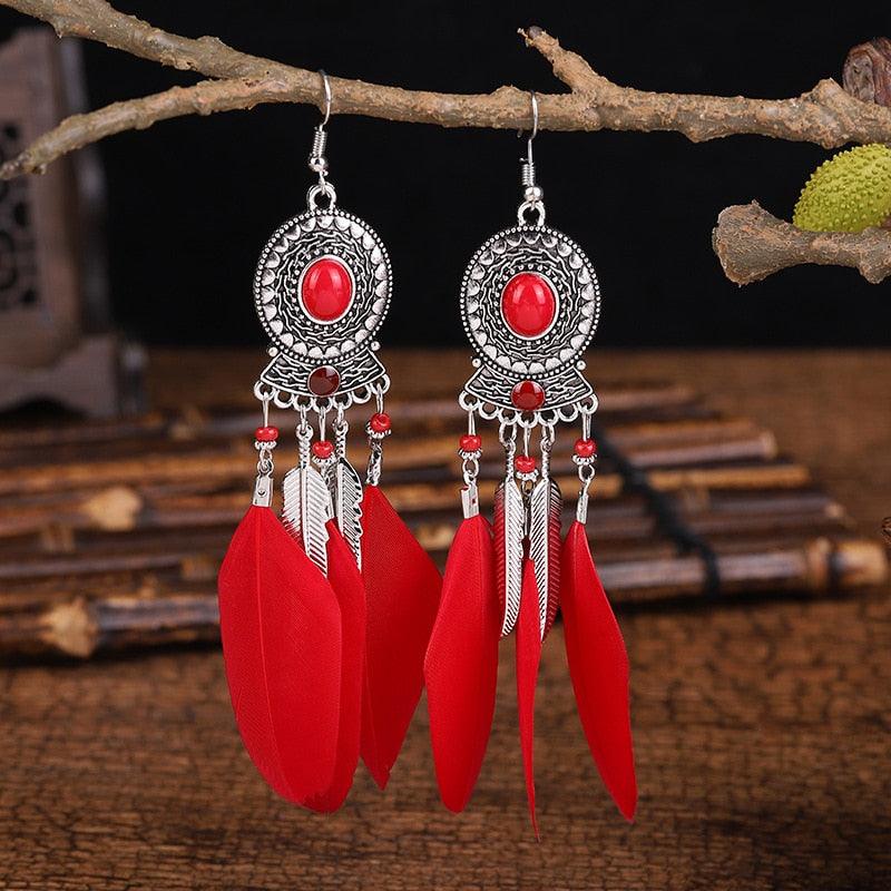 Bohemian Long Feather Dangle Earrings Earrings - The Burner Shop