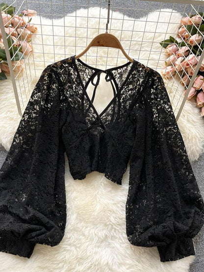 Bohemian V-Neck Lace Blouse Tops - The Burner Shop