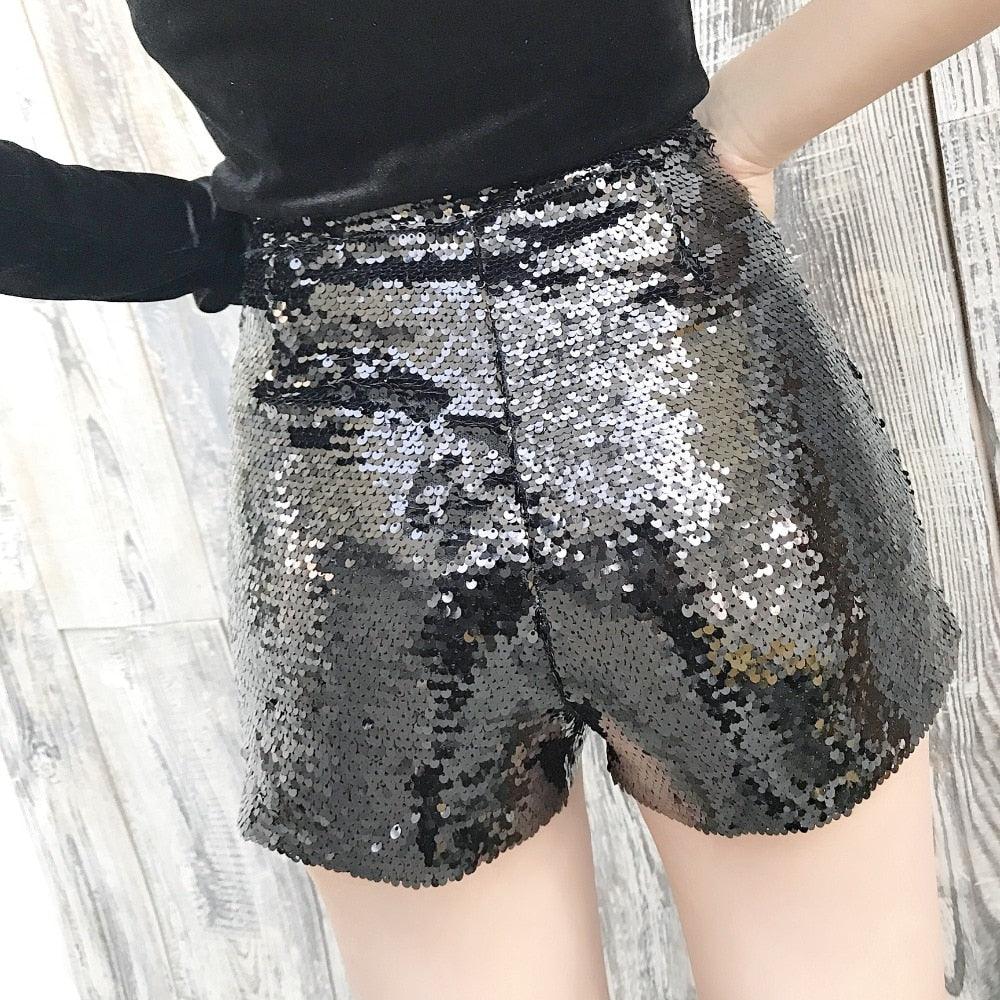 High Waisted Sequin Shorts Silver M