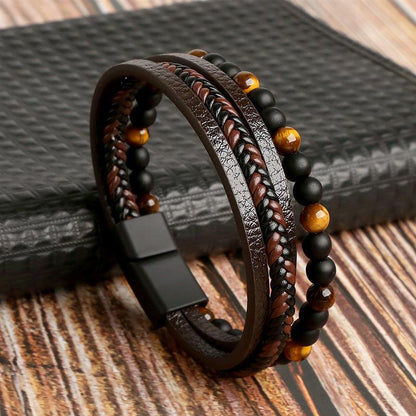 Leather And Tiger Eye Beaded Bracelet Bracelets - The Burner Shop