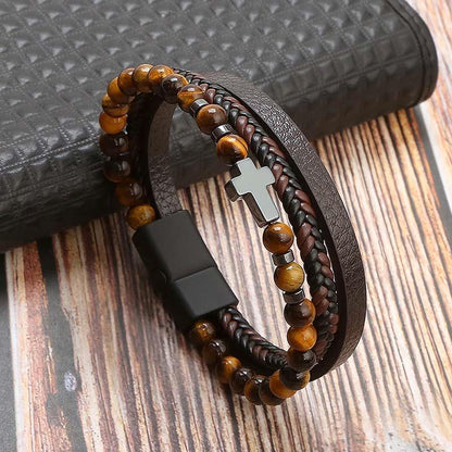 Leather And Tiger Eye Beaded Bracelet Bracelets - The Burner Shop