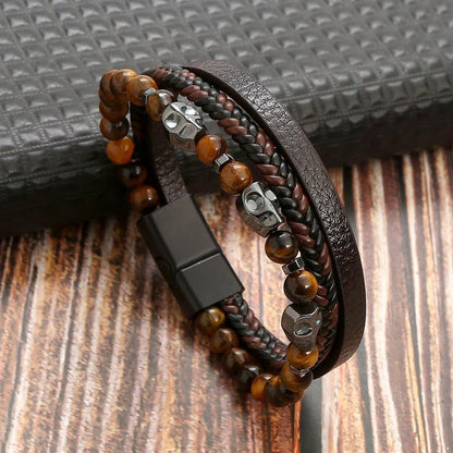 Leather And Tiger Eye Beaded Bracelet Bracelets - The Burner Shop