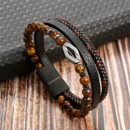 Leather And Tiger Eye Beaded Bracelet Bracelets - The Burner Shop