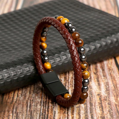 Leather And Tiger Eye Beaded Bracelet Bracelets - The Burner Shop