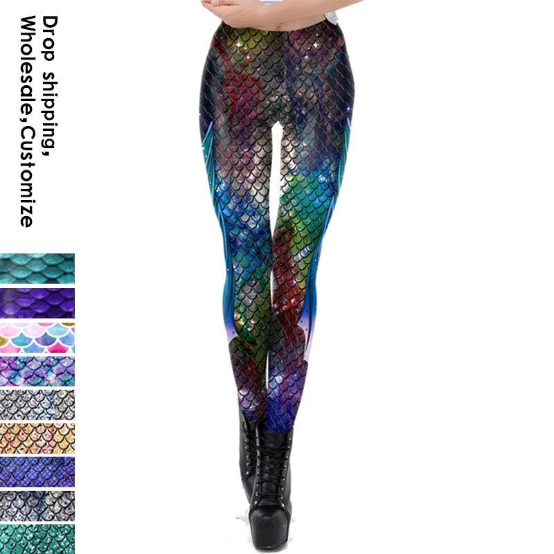 Womens Fish Scale Printed Pants Mermaid Costume High Waisted Stretchy  Leggings